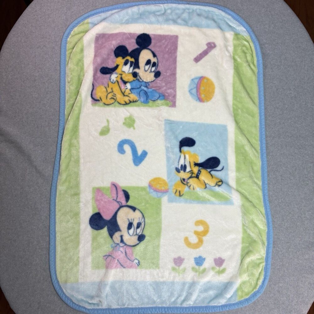 Vintage 90s Disney Baby Mickey Minnie Pluto Blanket Pastel Fleece Blue Trim Y2K